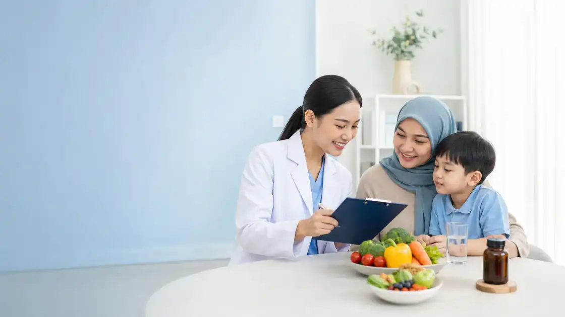 Parent and clinician reviewing child nutrition and supplement guidance in Malaysia
