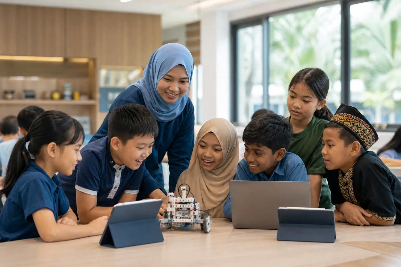 Multicultural Malaysian primary learners collaborating on robotics and digital learning